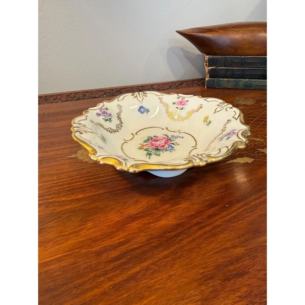 Vintage German Porcelain Trinket Dish, JLMenau Floral Gilt‎ Vanity Bowl